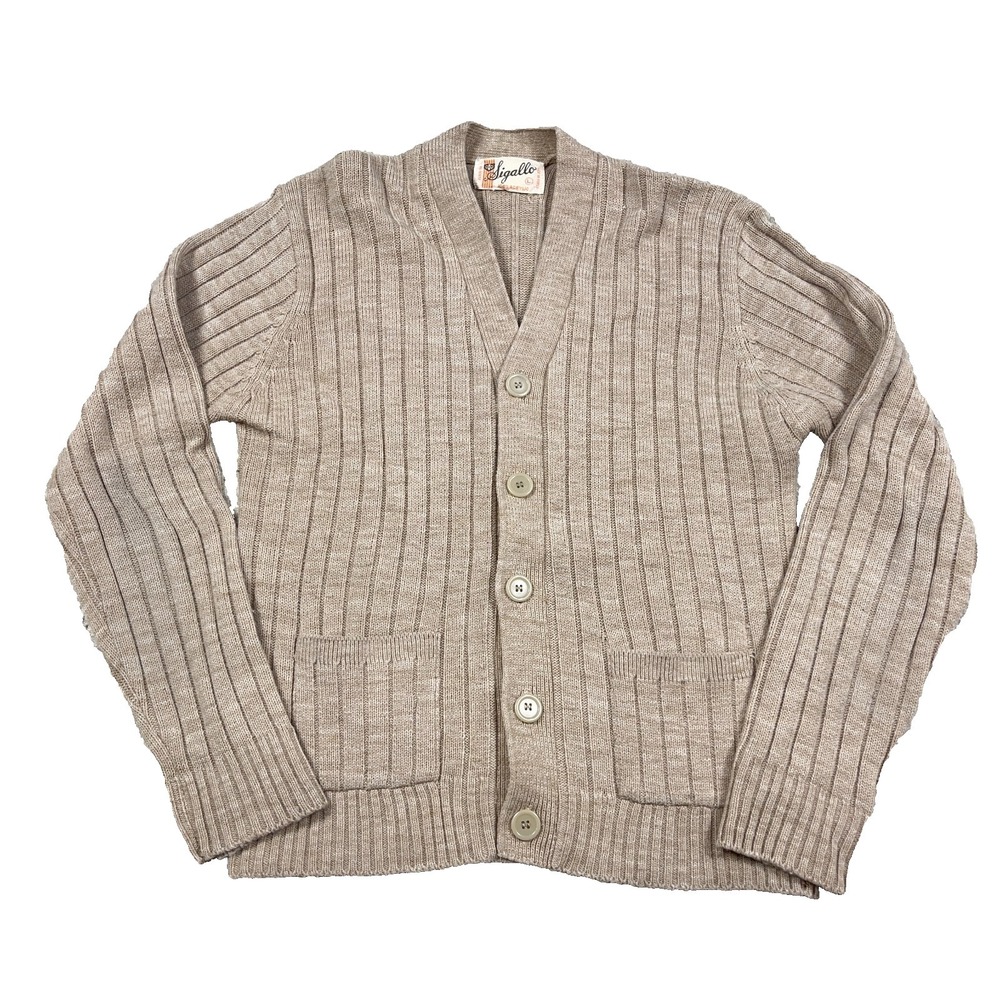 Vintage Sigallo Cardigan Sweater Men Large Tan Button Up 70s Grandpa Rib Acrylic